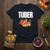 Black t-shirt with "TUBER" in white text and a cartoon illustration of potatoes, carrots, ginger, and onion
