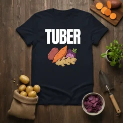 Black t-shirt with "TUBER" in white text and a cartoon illustration of potatoes, carrots, ginger, and onion