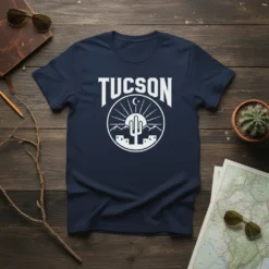 Tucson Arizona desert graphic t-shirt design with cactus, mountains, moon, and sun in a circle