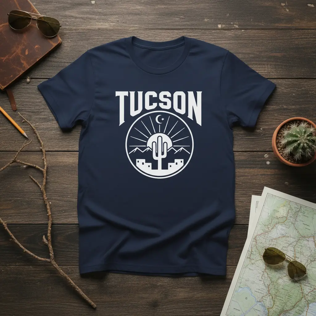 Tucson Arizona desert graphic t-shirt design with cactus, mountains, moon, and sun