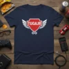 Navy blue t-shirt featuring the TUGAJR gaming crest logo with white wings and red shield