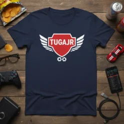 Navy blue t-shirt featuring the TUGAJR gaming crest logo with white wings and red shield