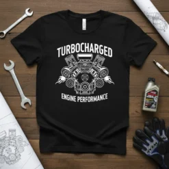 Black t-shirt with white text TURBOCHARGED ENGINE PERFORMANCE and a graphic of a V8 engine with flames