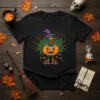 Funny Turkey Halloween Roller Skates graphic tee featuring a turkey in a witch hat holding a jack-o'-lantern