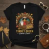 Turkey Queen Coffee Lover Thanksgiving T-Shirt design featuring a stylized turkey holding a coffee cup and bag