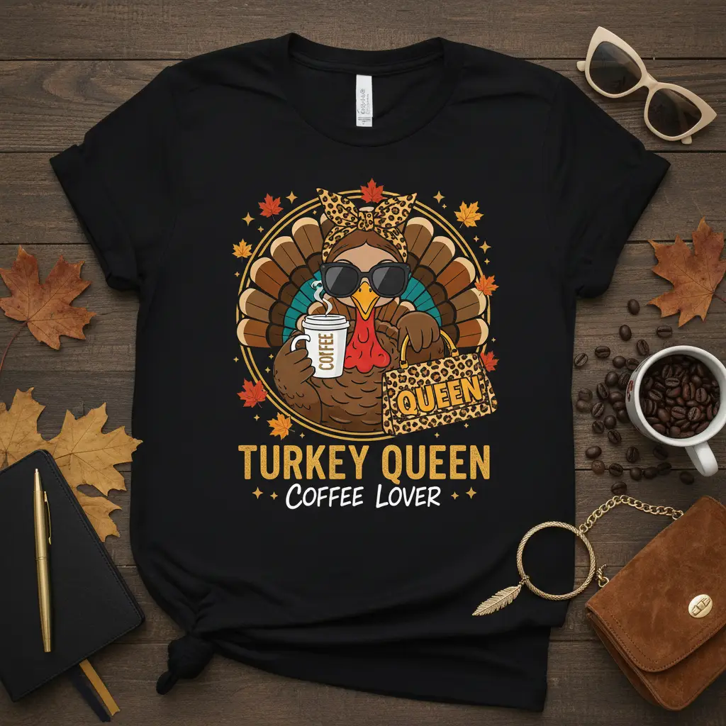 Turkey Queen Coffee Lover graphic tee featuring a festive turkey with coffee and autumn leaves