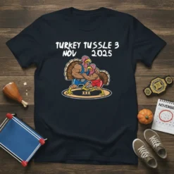 Turkey Tussle 3 Nov 2025 t-shirt featuring two muscular cartoon turkeys wrestling in a ring. White text above reads "TURKEY