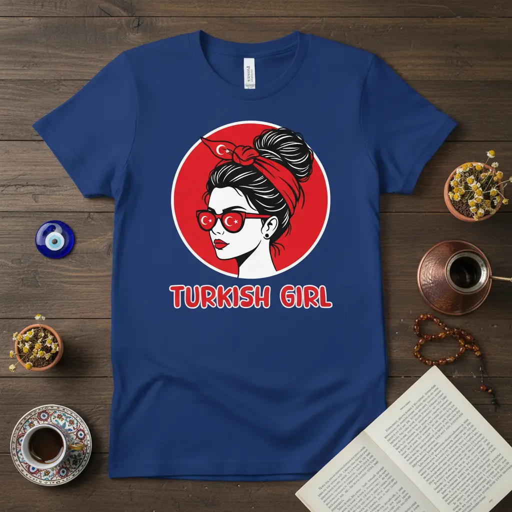 Turkish Girl graphic tee with woman wearing sunglasses featuring Turkish flag details and red bandana
