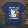 Turkish Van Cat Whisperer T-Shirt featuring a white cat with heterochromia eyes and a halo. Paw prints and starry accents