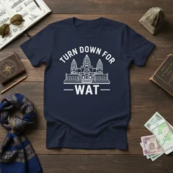 Turn Down For Wat t-shirt featuring a white outline of Angkor Wat temple complex and text