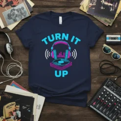 Turn It Up DJ T-Shirt with headphones and vinyl record graphic in vibrant neon colors