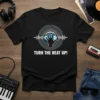Black t-shirt with white and blue "Turn The Beat Up!" text and DJ headphones graphic