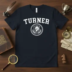 Navy t-shirt with white "TURNER" text in varsity font above a shield with a lion and laurel wreath