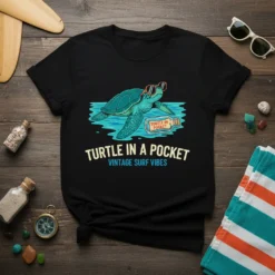 Turtle in a pocket vintage surf vibes graphic t-shirt with a cool turtle wearing sunglasses in water next to a