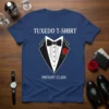 Tuxedo T-Shirt Instant Class design featuring a white tuxedo graphic with a red rose on a navy blue t-shirt