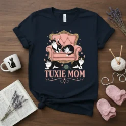 Tuxie Mom t-shirt design featuring three tuxedo cats lounging on a pink armchair and two on the floor. Text reads