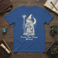 T'was The 'Tism M'lord t-shirt design with a wizard frog holding a staff and wearing a hat, set against a