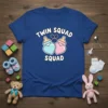 Twin Squad Squad t-shirt design with blue and pink hearts and baby bottles, celebrating twins