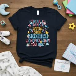 Twinkle Twinkle Little Star Brother Wonders What You Are text design with baby-themed graphics on a navy t-shirt