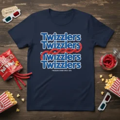 Navy blue t-shirt featuring repeated "Twizzlers" text with a red licorice rope graphic and "Twizzlers Candy Since 1845" at the