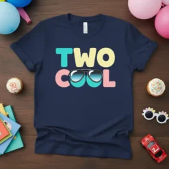 Two Cool birthday t-shirt with colorful text and sunglasses graphic for a two-year-old