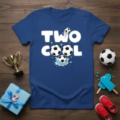 Blue t-shirt with "TWO COOL" text and soccer balls graphic, celebrating a 2nd birthday