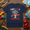 Two Fast 2 Curious t-shirt with a red race car, checkered flag, and the number 2, perfect for a 2nd