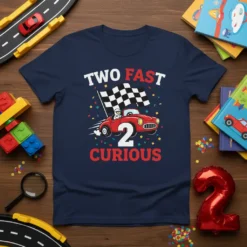 Two Fast 2 Curious t-shirt with a red race car, checkered flag, and the number 2, perfect for a 2nd