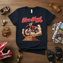 Two Fast motocross t-shirt design featuring a red dirt bike kicking up dust with bold red and white text