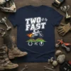 Two Fast motocross t-shirt with a dirt bike jumping over hills and checkered flags