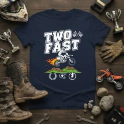 Two Fast motocross t-shirt with a dirt bike jumping over hills and checkered flags