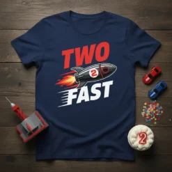 Navy t-shirt with "TWO FAST" text and a rocket ship graphic, designed for a 2nd birthday