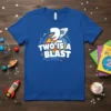 Blue t-shirt with "TWO IS A BLAST" text and a rocket ship graphic, celebrating a second birthday