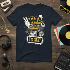 Two Legit To Quit text graphic with boombox, microphone, and vinyl records on a dark t-shirt