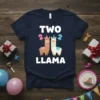 Two Llama birthday t-shirt with white text "TWO LLAMA" and two cartoon llamas wearing party hats