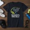 T-shirt with white text "TWO RACKETS, THREE BALLS" and graphic of two tennis rackets and three tennis balls