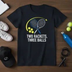 T-shirt with white text "TWO RACKETS, THREE BALLS" and graphic of two tennis rackets and three tennis balls