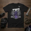 Black t-shirt with "TWO WHEELS ONE TEAM" text and graphic of two motorcycle wheels with a purple gear in the