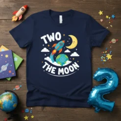 Navy blue t-shirt with "TWO THE MOON" text, a rocket blasting off, and a smiling moon