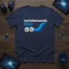 Navy blue t-shirt featuring the "twotokensanda blue" text with a blue wave graphic and two hexagonal token icons