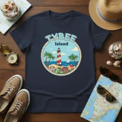 Navy t-shirt featuring a circular design of Tybee Island with a lighthouse, palm trees, and beach houses, text reads "TYBEE