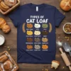 Types of Cat Loaf t-shirt design featuring a grid of cute cats labeled with bread types like Whole Grain, White