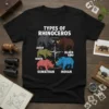 T-shirt design listing types of rhinoceroses: Javan, White, Sumatran, Black Rhino, and Indian, with illustrations and a compass rose graphic