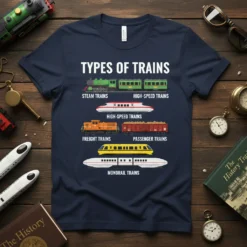 Types of Trains T-Shirt featuring illustrations of Steam, High-Speed, Freight, Passenger, and Monorail trains with labels