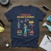 Types of Vacuum Cleaners t-shirt design showing cordless, robotic, backpack, upright, band-back, and hand-held vacuum illustrations