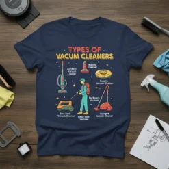 Types of Vacuum Cleaners t-shirt design showing cordless, robotic, backpack, upright, band-back, and hand-held vacuum illustrations