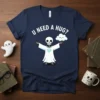 U NEED A HUG? text with cute skeleton and cloud graphic on a navy blue t-shirt
