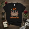 U.P. Expiration Date skeleton couple T-shirt design with skeletons on a couch, holding hearts, under a moon and stars