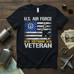 U.S. Air Force Vietnam Veteran t-shirt design with American flag, jet fighter silhouette, and dog tags