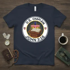 Navy t-shirt with U.S. Chaplain John 3:16 circular logo featuring a Bible, cross, and American flags